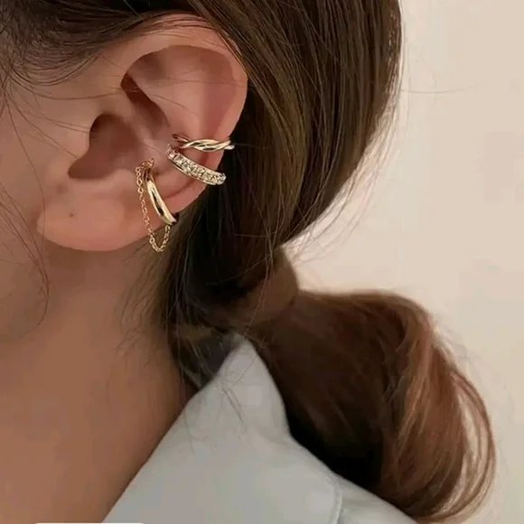 Gold Ear Cuff Set - Minimal Layered Hoops & Chain - Picture 5 of 6